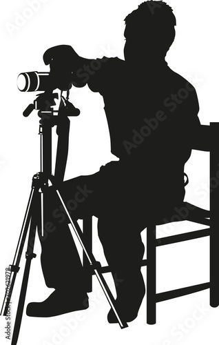 black sitting photographer with monopod on white