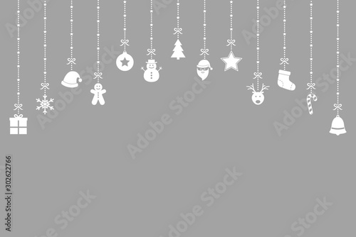 Christmas card with hanging icons. Xmas decoration. Vector