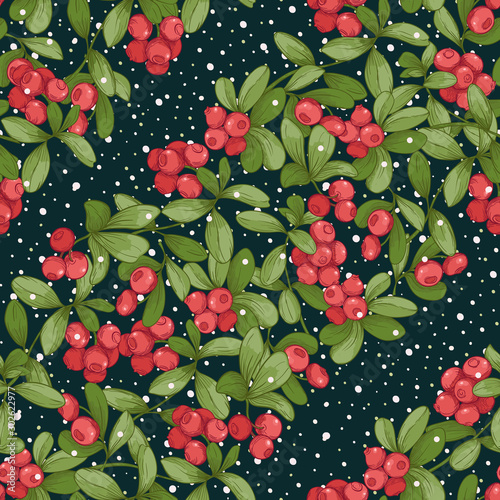 Cranberry and snow. Seamless pattern, background. Graphic drawing, engraving style. Vector illustration