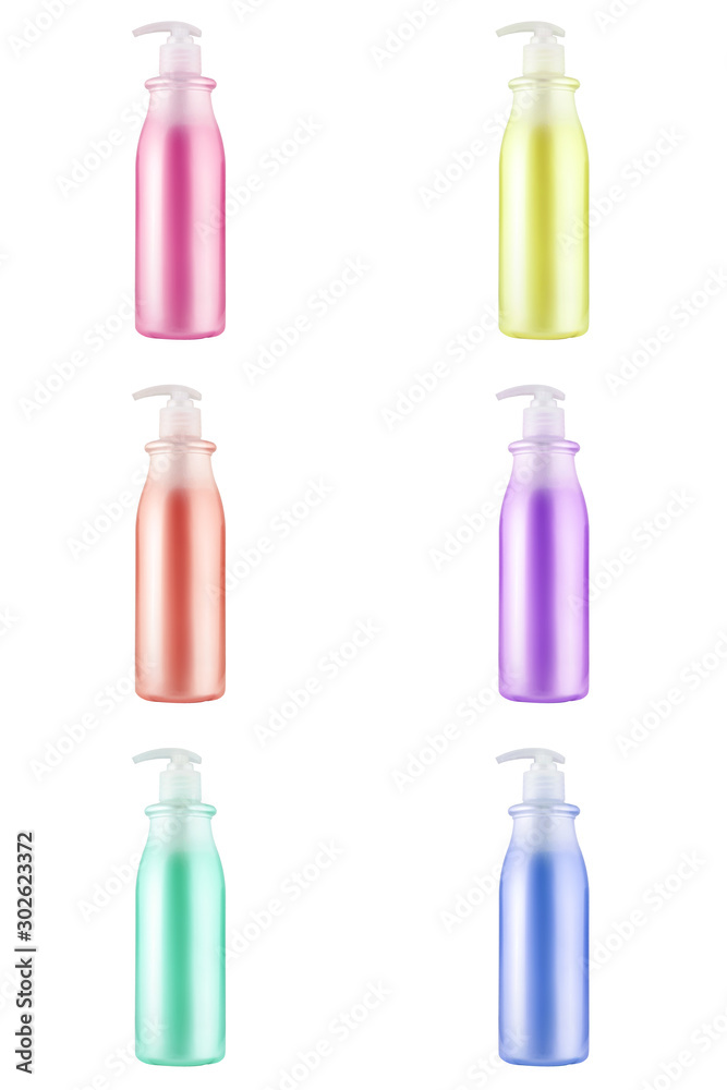 Six cosmetic bottles with multi-colored liquids close-up on a white background. Red, Yellow, Orange, Purple, Turquoise, Blue