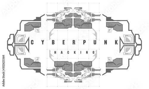 Cyberpunk Hacking futuristic poster with futuristic HUD elements, abstract background. Modern flyer for web and print. Hacking, cyber space, programming.