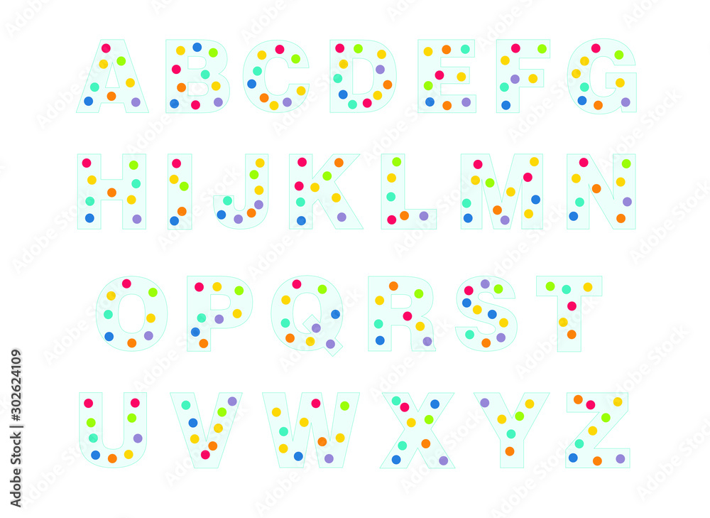 alphabet for children a-z. Kids learning material. Card for learning alphabet. colored alphabet in colored dots