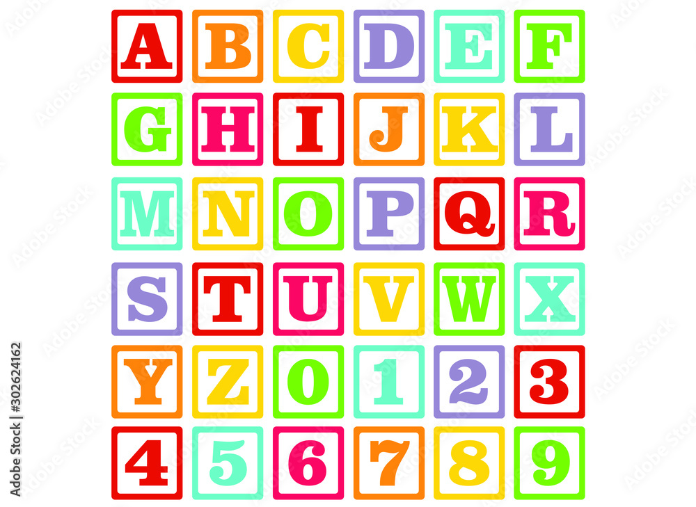 alphabet for children. Kids learning material. Card for learning alphabet and numbers. color alphabet and numbers in square