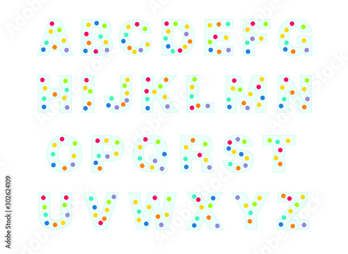 alphabet for children a-z. Kids learning material. Card for learning alphabet. colored alphabet in colored dots