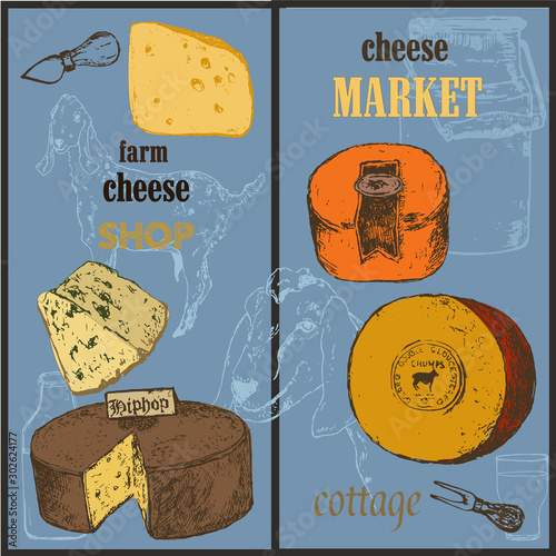 Cheese collection market sketch colored vector banners set illustration. Hand drawn sorts of cottage organic production cheeses. Eco goat milk shop or market poster.