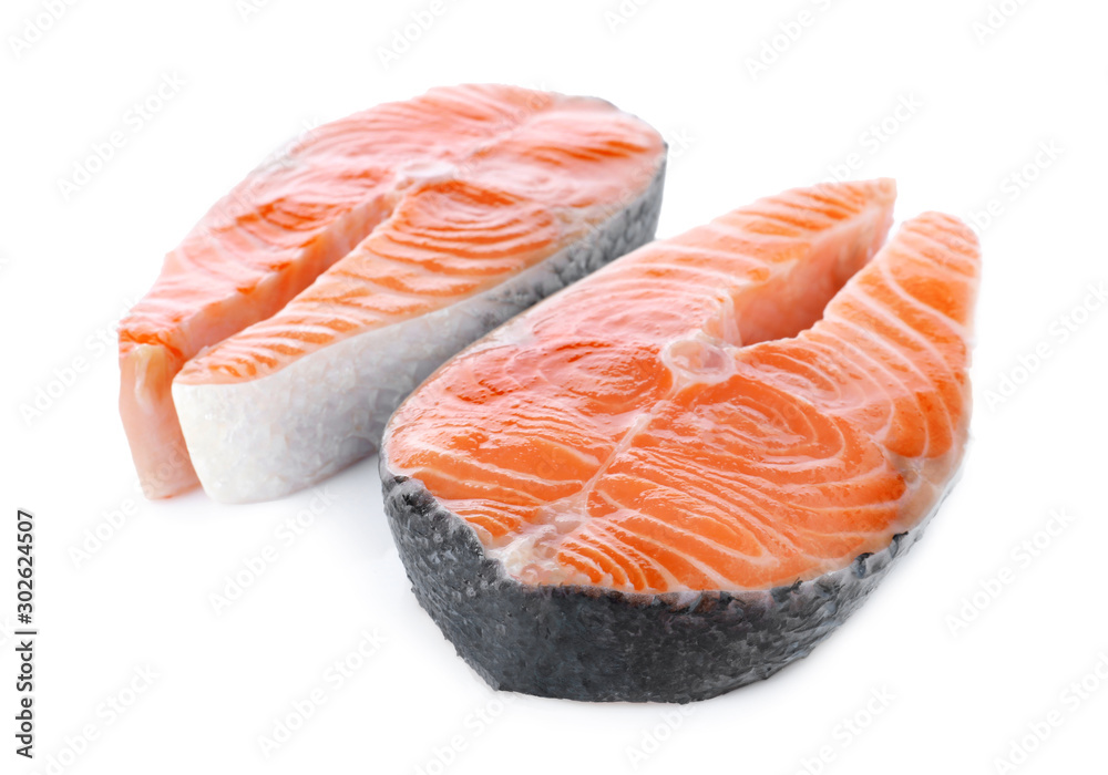 Fresh raw salmon on white background. Fish delicacy Fresh raw salmon on white background. Fish delicacy