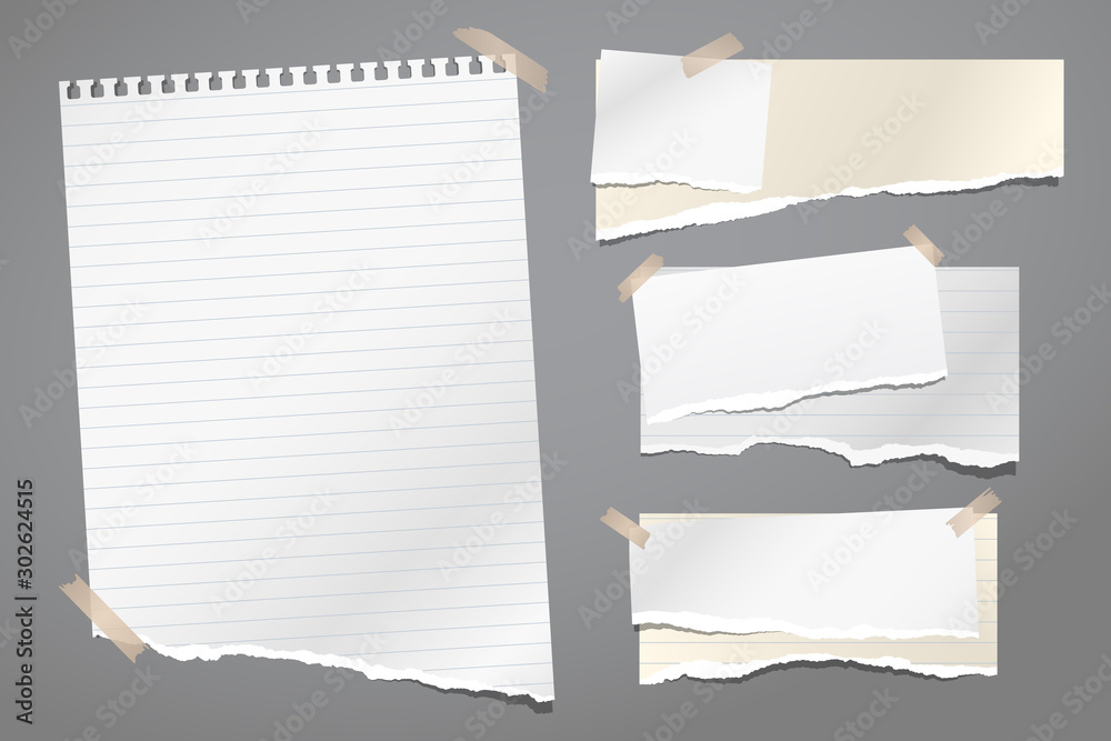 Set of torn white, yellow and lined note, notebook paper strips and pieces  stuck with sticky tape on dark grey background. Vector illustration Stock  Vector | Adobe Stock