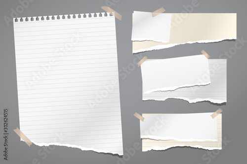 Set of torn white, yellow and lined note, notebook paper strips and pieces stuck with sticky tape on dark grey background. Vector illustration