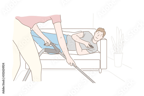 Family, service, domestic work, marriage concept. Young happy man husband or son lying on couch while his wife or mother cleans room. Cohabitation, living with lazy neighbor. Flat simple vector. photo