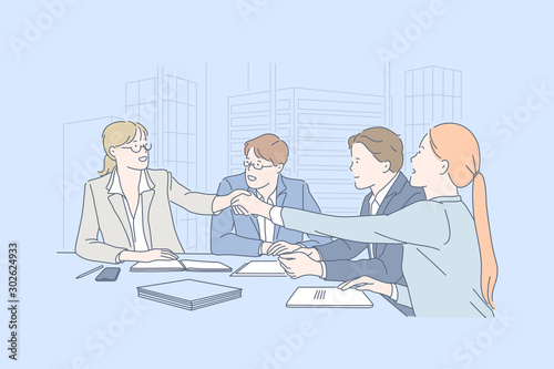 Business, teamwork, negotiation, agreement concept. Young people man, woman, businessmen met to make decision together with lawyers, assistants. Office clerks, competitors welcome. Flat simple vector.