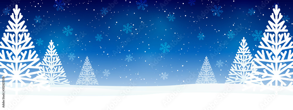 Christmas trees on blue starry background - horizontal panoramic banner for Your design - obrazy, fototapety, plakaty 