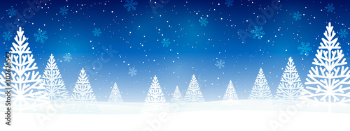 Christmas trees on blue starry background - horizontal panoramic banner for Your design