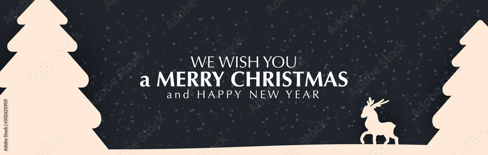 Merry Christmas and Happy New Year greeting card. Winter landscape with Trees, deer and stars. Merry Christmas and Happy New Year greeting card. Winter landscape with Trees, deer and stars.