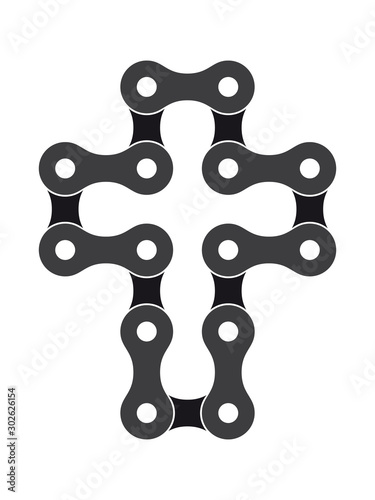 Vector black Christian cross symbol created from bike chain. Isolated on white background.