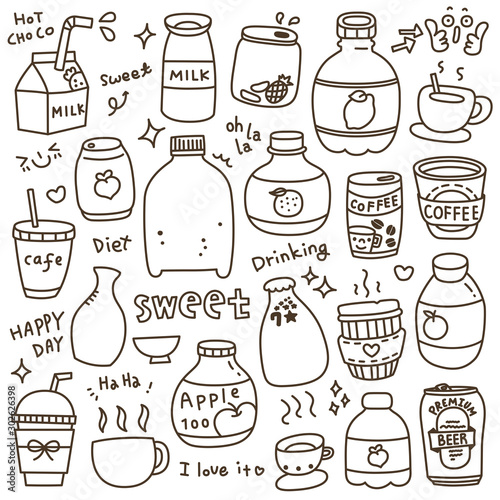 Set of Cute Beverages Doodle. Hand Drawn. Vector Illustration.