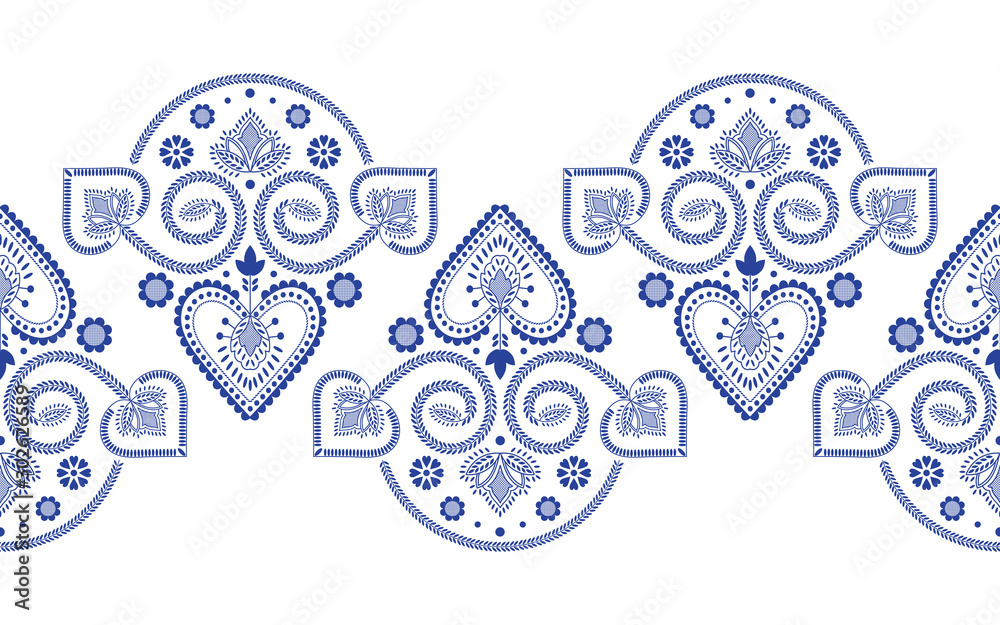 Fototapeta Folklore floral Nordic Scandinavian pattern vector seamless border. Ethnic blue and white ornament print with hearts and flowers. Finnish, Swedish and Norwegian style holiday decoration design.
