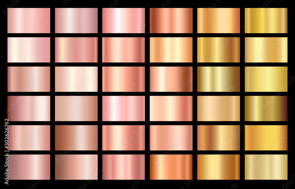 Gold rose, bronze and golden foil texture gradation background set. Vector shiny and metalic gradient collection for border, frame, ribbon, label design.