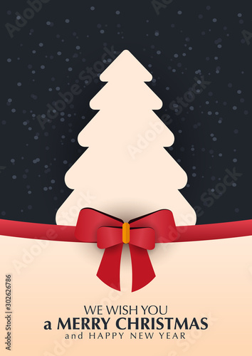Christmas and New Year banner. Xmas greeting card with red bow and snowflakes.