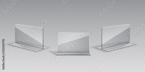 Display stand or acrylic table tent, card holder set isolated on transparent background. Vector empty flyer glass display. Plastic frame of photo, paper sheet mock up or restaurant menu.