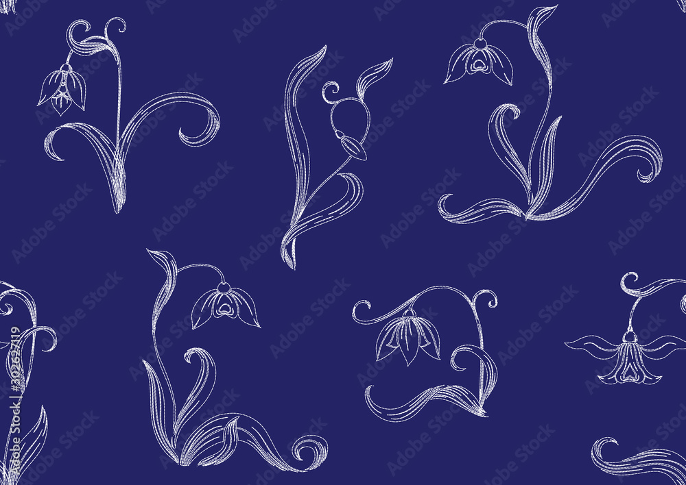 Fototapeta premium Galanthus, snowdrop. Imitation of traditional Japanese embroidery Sashiko. Spring flowers Seamless pattern, background. Vector illustration On navy blue background