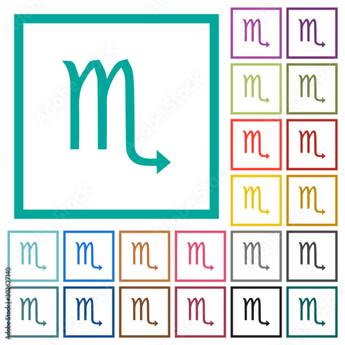 Scorpio zodiac symbol flat color icons with quadrant frames
