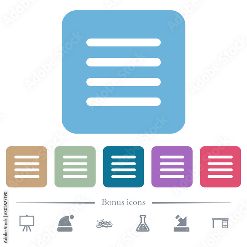 Text align justify flat icons on color rounded square backgrounds