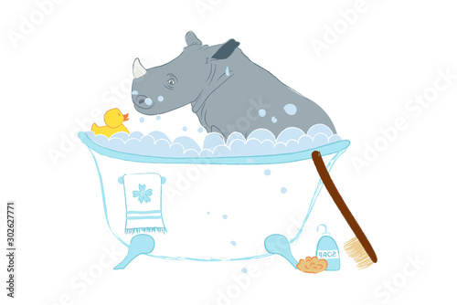 Hand drawn vector illustration with a cute baby rhinoceros celebrating new birth - isolated on white background