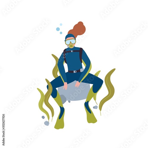 Scuba diving hobby flat vector illustration. Female diver resting at ocean bottom cartoon character. Active recreation, underwater swimming. Tourist with aqualung isolated on white background.