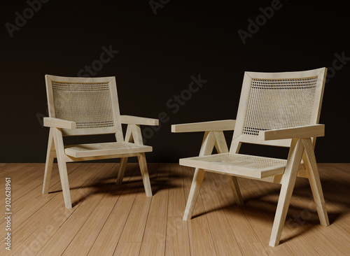 wooden armchair in dark room  3d rendering background