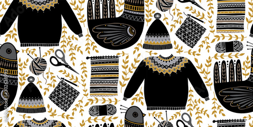 Folk art seamless pattern illustration with birds and a set of tools for knitting and crochet. Scandinavian hand-drawn design composition. Yarn, scissors, sweater, hat. 