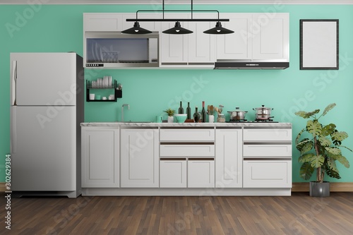 Fototapeta Naklejka Na Ścianę i Meble -  interior design of modern green kitchen, 3D rendering background