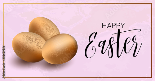 Happy Easter horizontal design.Three golden shine realistic eggs and text on pink textured background. Surround voluminous 3d vector illustration. Greeting card, promotion, poster, flyer, web-ban