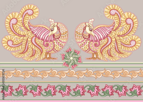 Seamless Indian floral ethnic pattern with bird. Colored vector illustration. On beige background.