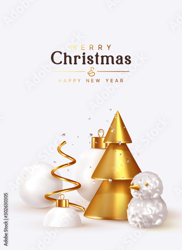 Abstract Christmas background with 3d design elements. Sharp conical golden Christmas trees, metal spiral pine. Snow spheres, Xmas ball, silver glitter confetti, volumetric snowman. Happy New Year