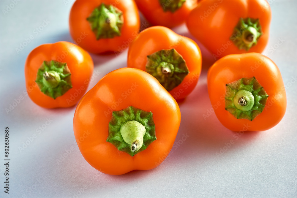 Small bell peppers. Many orange mini peppers on a light blue background with copy space. Small bell peppers. Many orange mini peppers on a light blue background with copy space.