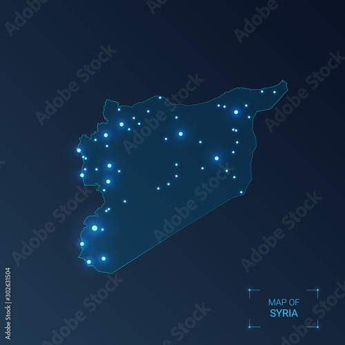 Syria map with cities. Luminous dots - neon lights on dark background. Vector illustration.