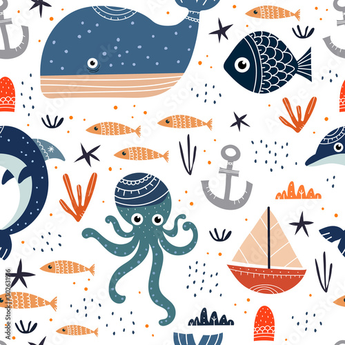 Seamless pattern with sea inhabitants, decor elements. Colorful flat vector. Hand drawing for children. baby design for fabric, wrapper, textile, print.