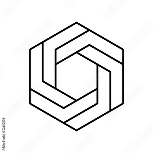 Impossible hexagon sign. Optical illusion. Linear six sided polygon. Abstract symbol of impossible geometry on white background. Unreal geometric shape. Hexagonal logo design. Vector illustration. 