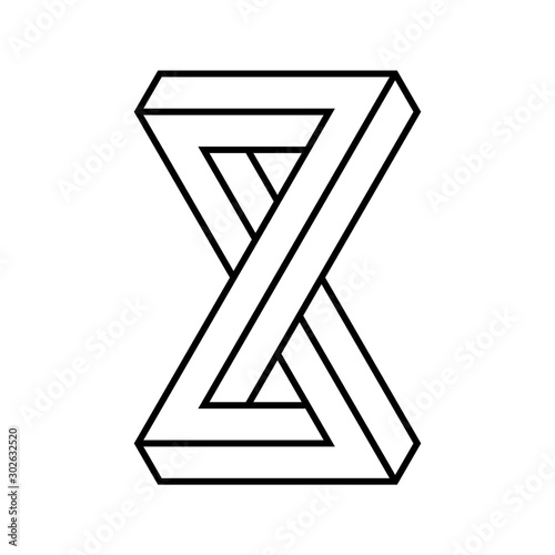 Impossible infinite shape. Optical illusion. Eternity symbol. Linear infinite object. Abstract eternal geometric figure. Unreal endless loop outline. Impossible geometry sign on white background. 