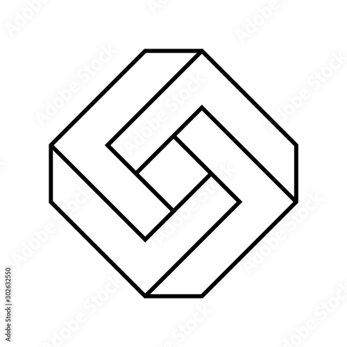 Impossible rectangle shape. Optical illusion. Linear infinite rhombus figure. Abstract eternal geometric object. Impossible endless sign outline. Impossible geometry symbol on white background. Vector