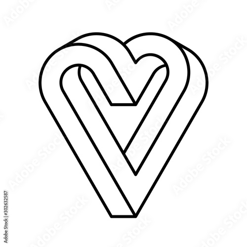 Impossible heart shape. Optical illusion. Endless love. Linear infinite object. Abstract eternal geometric figure. Love symbol. Impossible geometry sign outline, white background.Vector illustration.