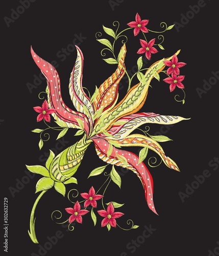 Elements for design. Fantasy flowers, traditional Jacobean embroidery style. Embroidery imitation. Vector illustration in red and green colors isolated on black background..