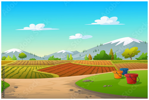 Vector illustration mountains, trees, cornfield,
