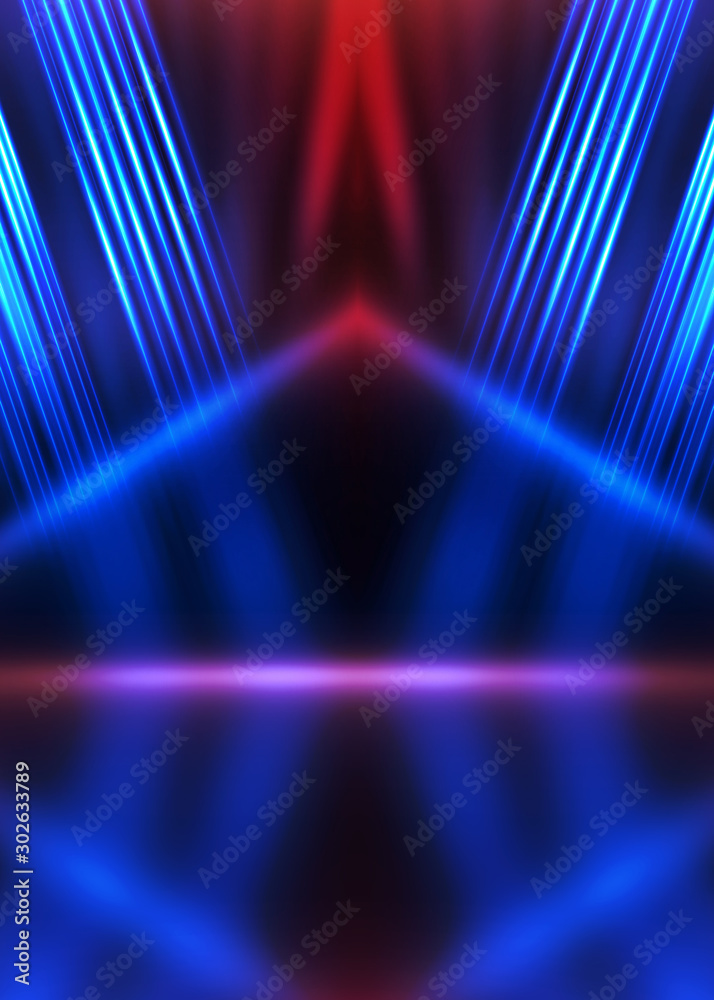 Empty show scene background. Reflection of a dark street on wet asphalt. Rays of red and blue neon light in the dark, neon shapes, smoke. Abstract dark background. Empty show scene background. Reflection of a dark street on wet asphalt. Rays of red and blue neon light in the dark, neon shapes, smoke. Abstract dark background.