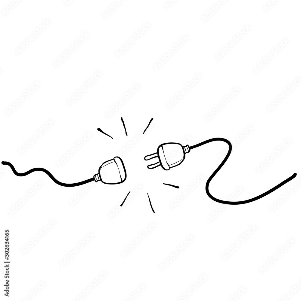 Fototapeta premium Electric Plug and Socket unplug outline design vector. 404 error background web banner, Electric wire shock, disconnection, loss of connect. with hand drawn doodle style vector