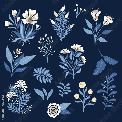 Garden floral, ice blue winter flowers and leaves