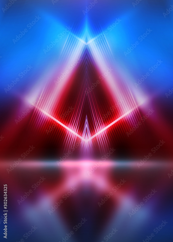 Obraz premium Empty show scene background. Reflection of a dark street on wet asphalt. Rays of red and blue neon light in the dark, neon shapes, smoke. Abstract dark background.