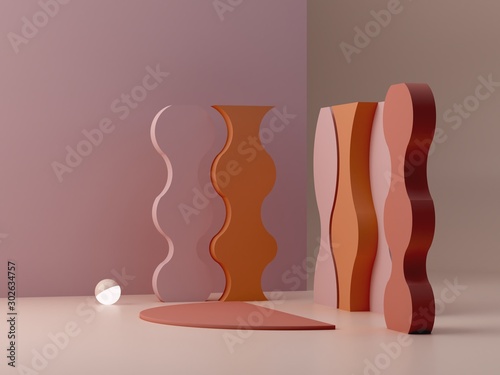 Minimal scene with geometrical curved forms in ocher abstract background. Set of geometric minimal shapes in elegant composition. Colorful scene. Autumn scene. Showroom, showcase, 3d render.