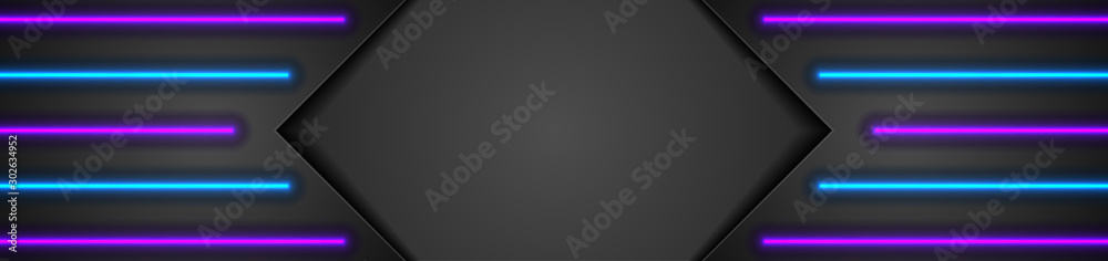 Black tech abstract banner design with blue and violet neon glowing light. Concept modern futuristic background. Vector illustration Black tech abstract banner design with blue and violet neon glowing light. Concept modern futuristic background. Vector illustration
