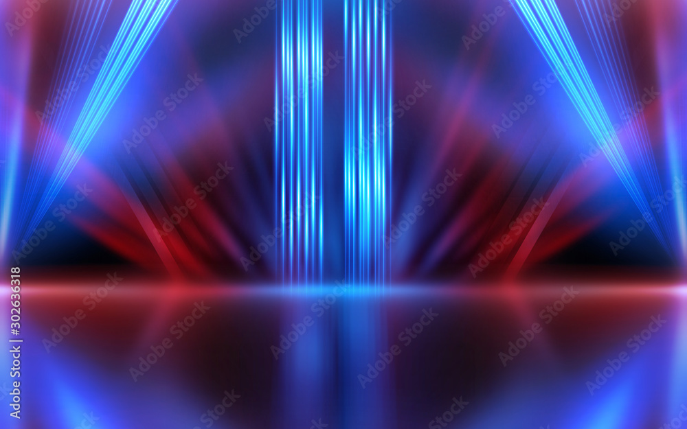 Empty show scene background. Reflection of a dark street on wet Empty show scene background. Reflection of a dark street on wet
